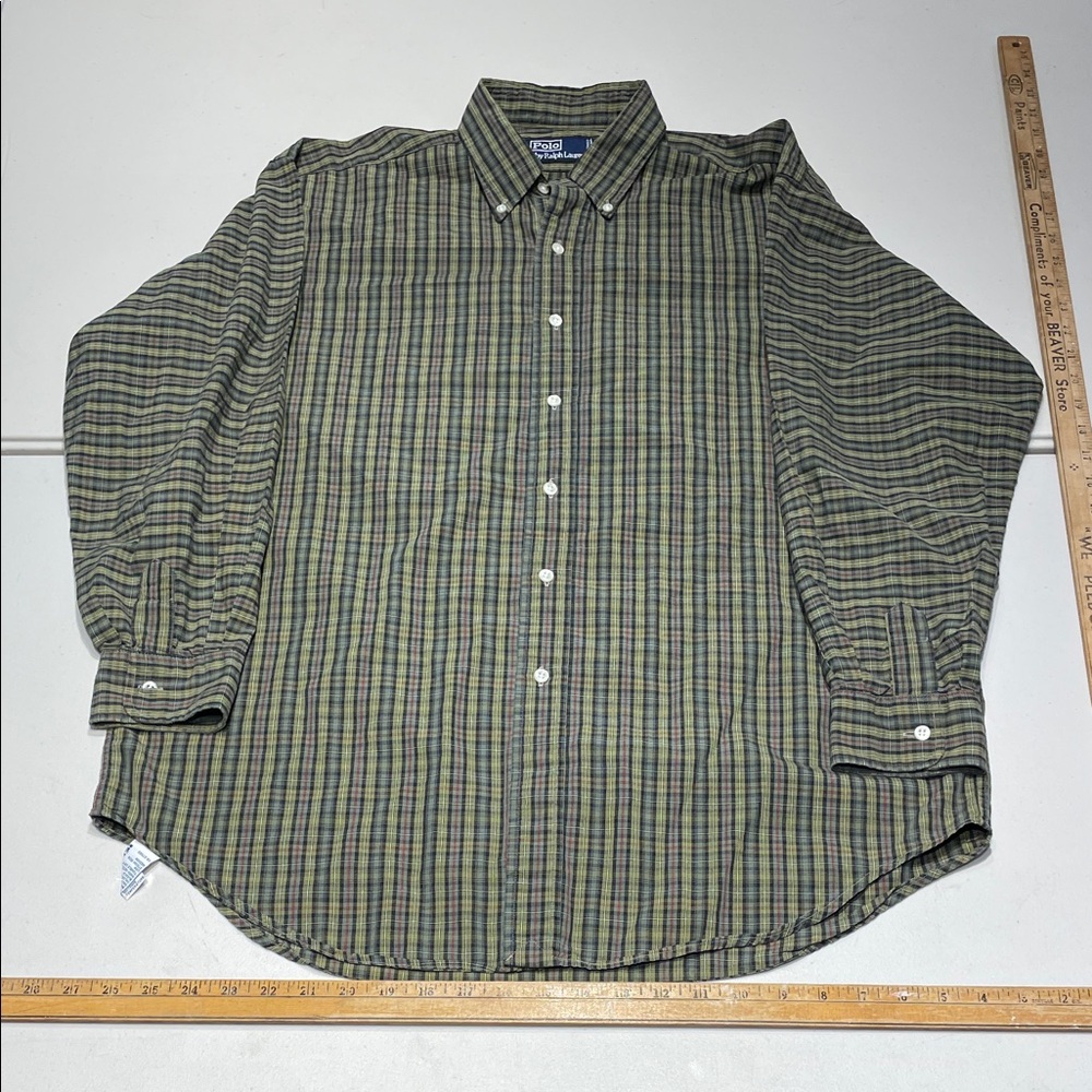 Polo by Ralph Lauren size large Vintage Olive and Navy Plaid Shirt Canadian made
